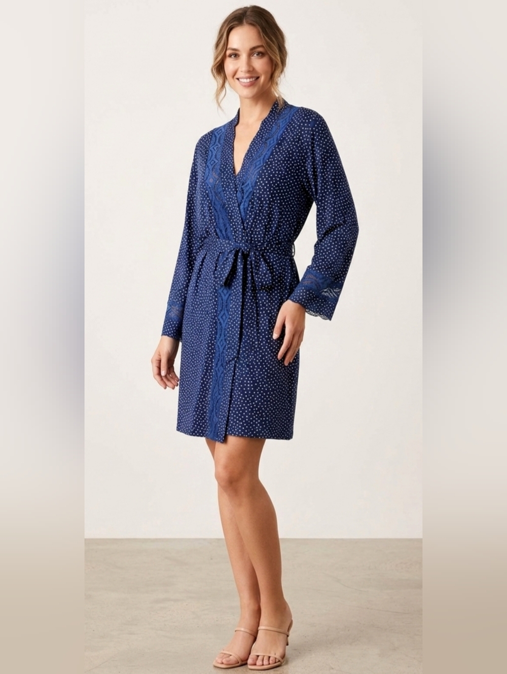 5 For $25✨️In Bloom New +Tag Womens Small Polka Dot Blue Robe Wrap Lace Cardigan